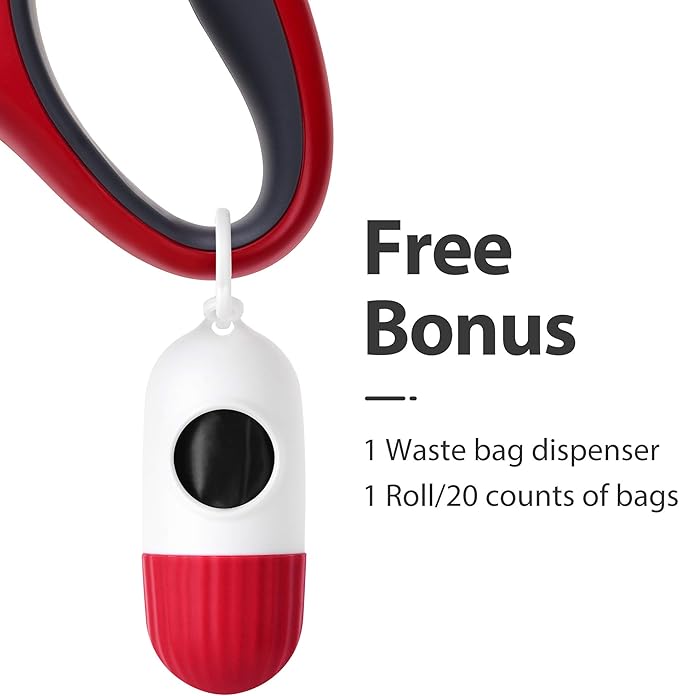Fida Retractable Dog Leash with Dispenser and Poop Bags, 16 ft Pet Walking Leash for Medium Dog or Cat up to 44 lbs, Anti-Slip Handle, Tangle Free, Reflective Nylon Tape (M, Red)