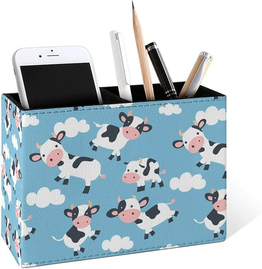 Famame Clouds Cute Cow Pencil Holder for Desk, Leather Desktop Container Pen Cup Storage Study Table Pen Organizer Makeup Brush Holder for Classroom Office Home