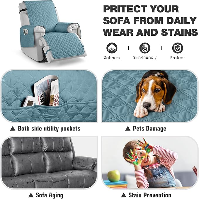 TAOCOCO Waterproof Recliner Chair Cover Sofa Slipcover, Pet Cover for Small Recliner Chair with Elastic Straps, Washable Reclining Chair Cover Recliner Furniture Protector (23'' Small, Sky Blue)