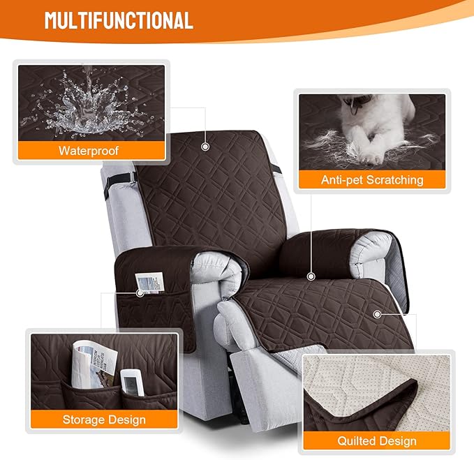 VANSOFY 100% Waterproof Recliner Chair Covers, Recliner Cover Non-Slip Dog Chair Cover Furniture Protector Washable Slipcover with Pocket, Elastic Straps for Pets, Dogs(Chocolate, 25")
