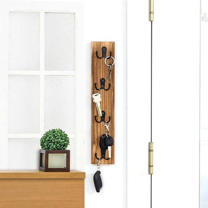 Yohsnor Vertical Key Holder for Wall - Mounted Wooden Key Rack Organizer with Hooks for Home Entryway, Laundry Room & Garage - Perfect Space-Saving Storage Solution for Keys, Wallets & Pet Leashes