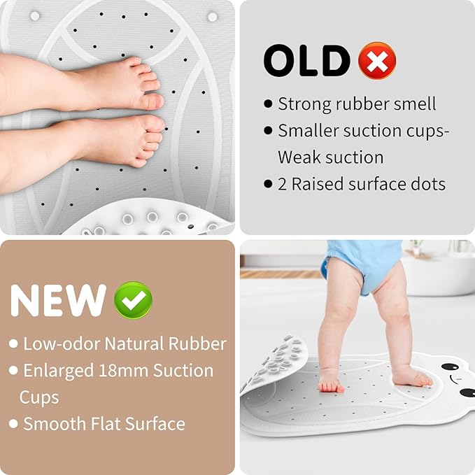 Upgraded Kids Bathtub Mat Non Slip, Low-Odor Natural Rubber Bath Mat with Strong 18mm Suction Cups, Flat Non-Slip Surface, 30"x18" Cute Frog Design, Shower Mat Fast Draining for Smooth Tubs, Beige
