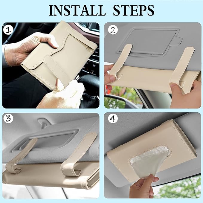 Car Tissue Holder, 2 Pack Sun Visor Napkin Holder, Premium PU Leather, Car Mask Holder for Sun Visor Vehicle, with Tissue Refill, Black&Beige