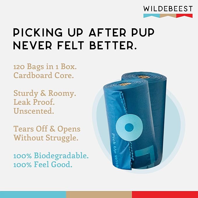 Wildebeest Biodegradable Dog Poop Bags Rolls, Extra Thick Unscented & Leakproof Dog Waste Bags, 100% Compostable Poop Bags Fit Any Poop Bag Holder – 8 Heavy Duty Eco-Friendly Poop Bag Rolls (120 Bags)