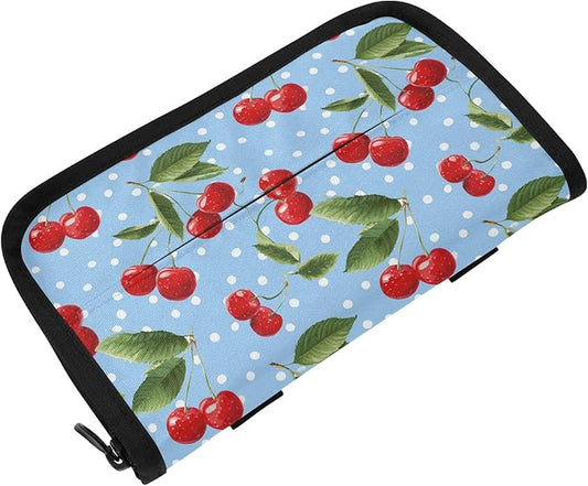 Car Tissue Holder Car Napkin Holder Car Tissue Box Dispenser Storage Case Sun Visor Mask Holder with Adjustable Straps Reusable Refillable Light Blue Dots Red Cherry
