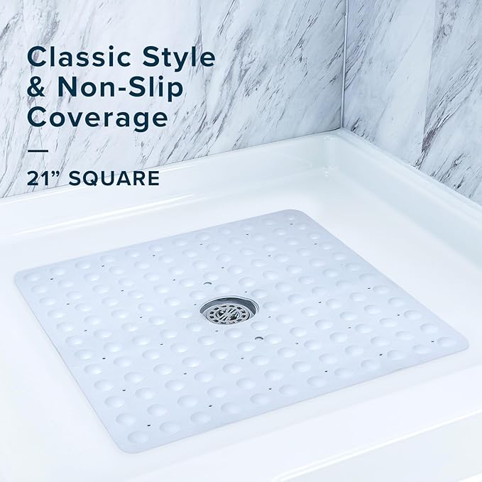 SlipX Solutions Square Natural Rubber Shower Stall Mat, 21” x 21”, Non Slip Safety, Built-in Product Protection, 140 Power Grip Suction Cups, Center Drain Hole, White