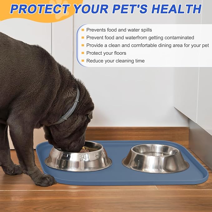 Silicone Pet Feeding Mat with Raised Edge for Food and Water, Dog Bowl Mats, Cat Bowls Placemat with High Lip for Floor Waterproof, Rubber Tray for Cats and Dogs 24 x 16 x0.8 Slate Blue