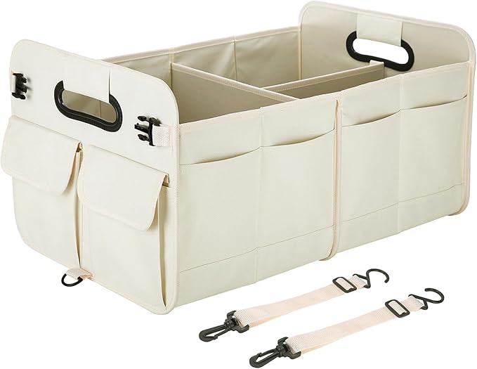 Trunk Organizer For Suv & Sedan,Car Organizers and Storage, Waterproof Collapsible & Adjustable Straps,75L Sturdy Car Organization for Car Accessories, Tools,Sundries,2-3 Compartment（Beige）