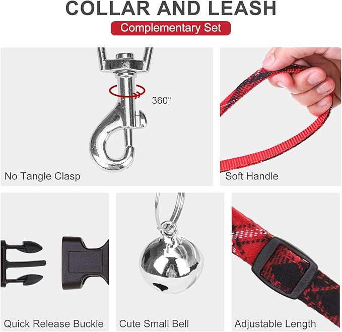 EXPAWLORER Classic Plaid Puppy Harness - Small Dog Harness and Leash Set - Dog Collar and Leash Set with AirTag Holder, Soft Padded Step in Dog Vest Harness No Pull Reflective for Outdoor, Red M