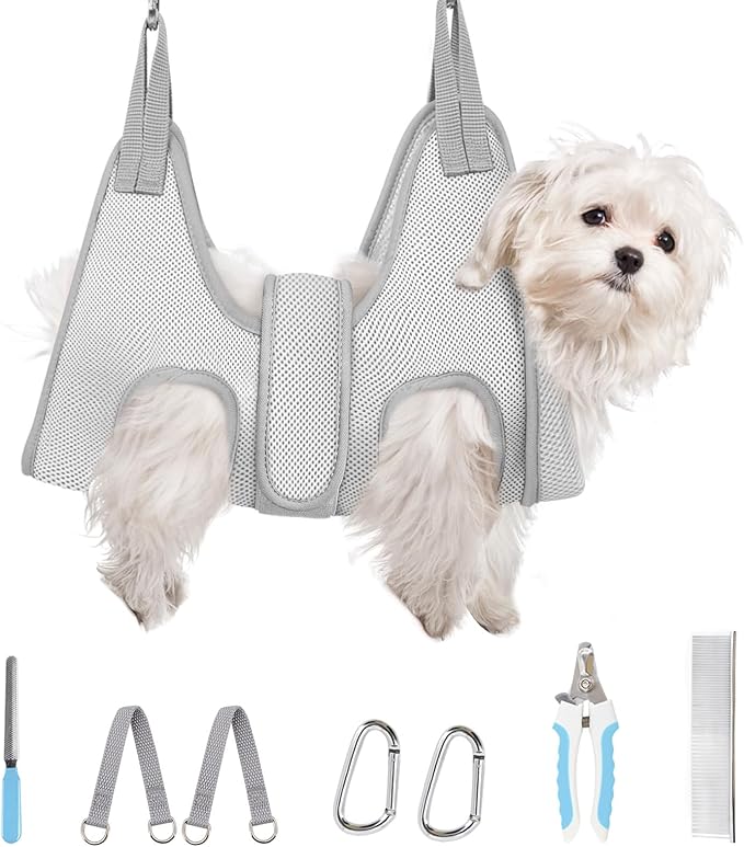 Supet Dog Grooming Hammock for Small Dogs, Dog Hanging Harness for Nail Trimming Doorframe, Pet Holder Restraint for Clipping Nails, Pet Hoist Sling for Cutting Nails at Home (Grey XS)