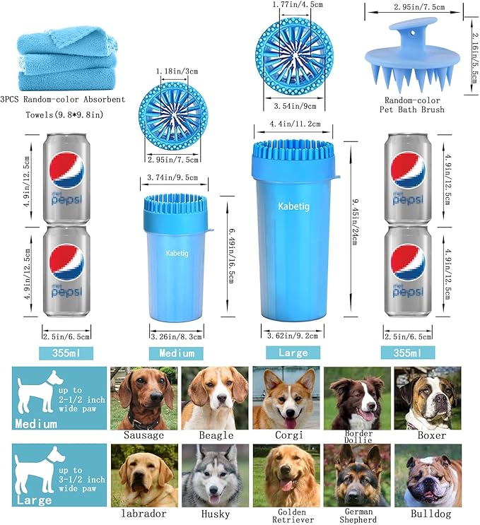 Kabetig Quick Clean Dog Paw Cleaner 5-in-1 Kit, Blue (Medium) - No Full Bath Needed, Post-Walk Paw Clean - with Silicone Bath Brush, 3 Microfiber Towels - Fits Corgi 1.2-2.5 In (3.05-6.35 cm)