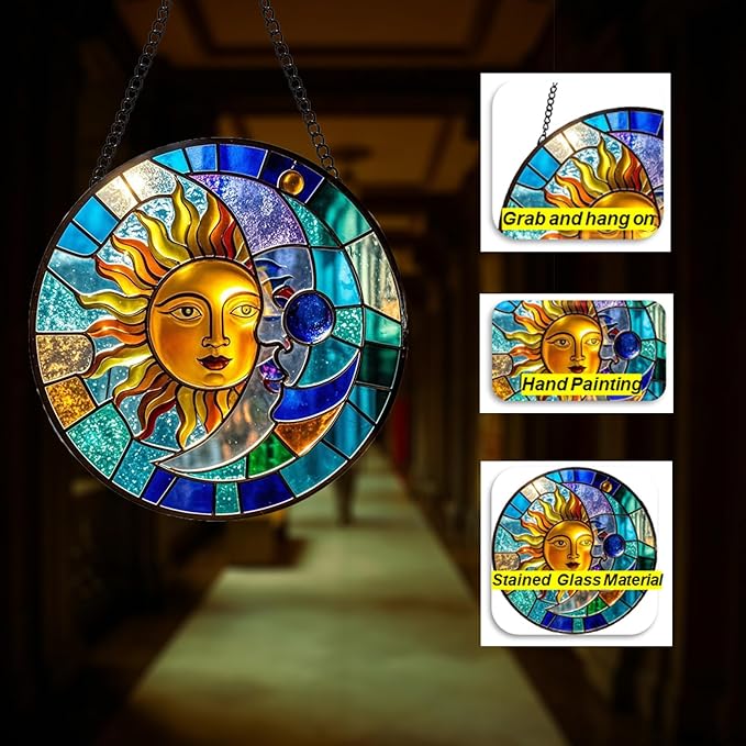 Sun and Moon Suncatcher 8 Inch Stained Glass Window Hanging Diamond Chain Hooks– Indoor/Outdoor Window Wall Art Home Décor -Gift for Women Men Valentine's Day Thanksgiving Ornaments Festival Gifts