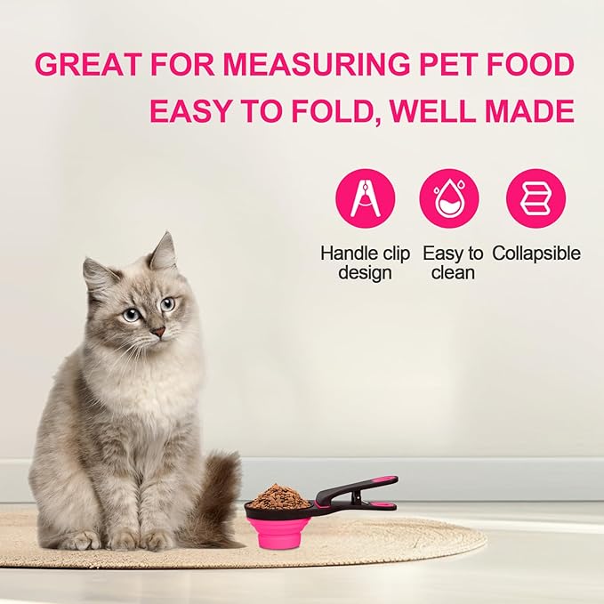 PNEUICALLY Collapsible Silicone Dog Food Scoop Foldable Pet Food Measuring Cup with Bag Clip 3 in 1 Multi-Function Silicone Dog Food Scooper (Rose Red, Small)