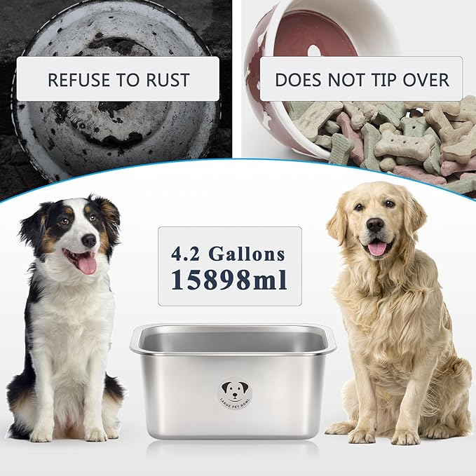 Stainless Steel Dog Bowls for Large Dogs, High Capacity Metal Dog Food Bowls, Food and Water Bowl for Larges, X-Large, and Big Dogs 4.2 Gallons