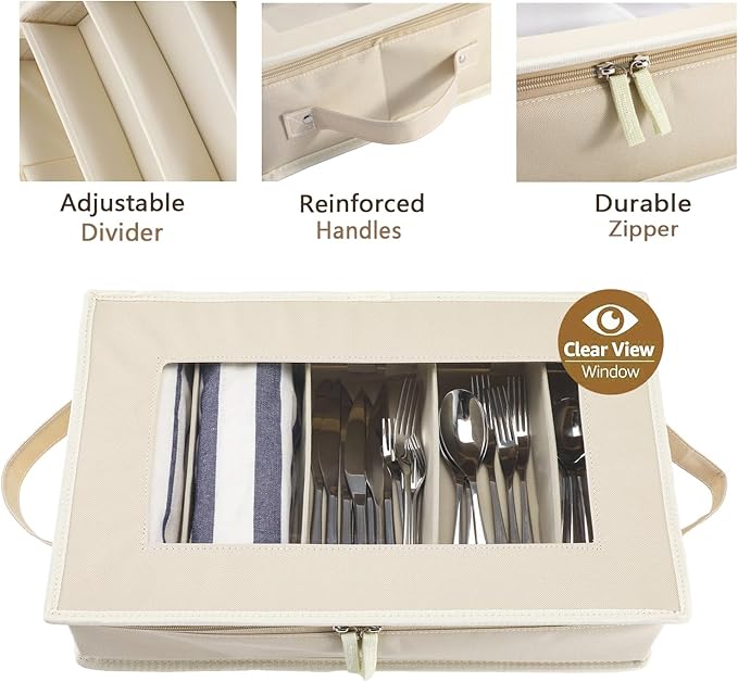 Flatware Utensil Storage Case, Beige Silverware Storage Box Chest with Adjustable Dividers, Removable Cutlery Storage Holder with Zipper Lid for Organizing Spoon/Flatware/Knives