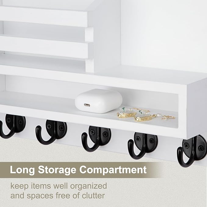 Lucundm Key and Mail Holder Wall Mount, Key Hanger with Long Storage Box and 5 Hooks for Coat, Dog Leash, Home Decor Rack, House Accessories, Entry Way Organizer 11.8”W x 7.8”H x 3.2”D