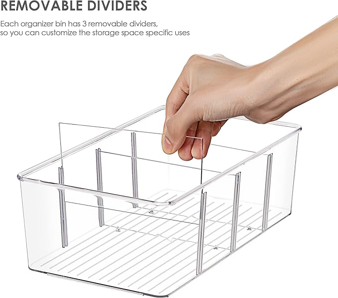 Vtopmart 2 Pack Food Storage Organizer Bins, Clear Plastic Bins for Pantry, Kitchen, Fridge, Cabinet Organization and Storage, 4 Compartment Holder Packets, Snacks, Pouches, Spice Packets