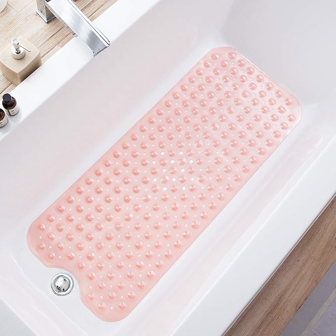 Bathtub Mats for Shower Tub, Extra Long Non-Slip 39 x 16 Inch Bath Mat with Drain Holes and Suction Cups, BathMat for Bathroom with Machine Washable (Clear Coral Pink)