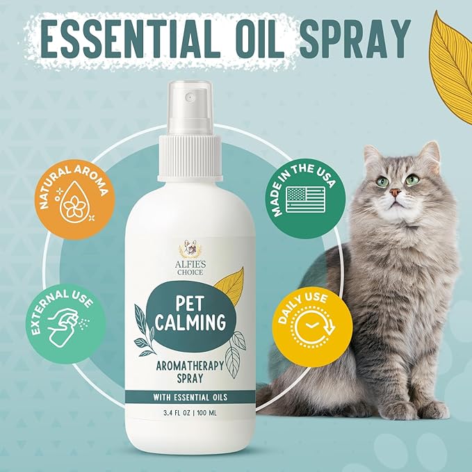 ALFIE'S CHOICE Pet Calming Aromatherapy Spray - Cat Calming Spray for Indoor Use & Travel - Dog Relaxation Mist with Essential Oils - Natural Scent for Grooming, Loud Noises - 3.4 fl oz