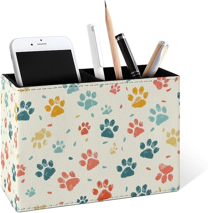 Famame Paws Colorful Vintage Pencil Holder for Desk, Leather Desktop Container Pen Cup Storage Study Table Pen Organizer Makeup Brush Holder for Classroom Office Home
