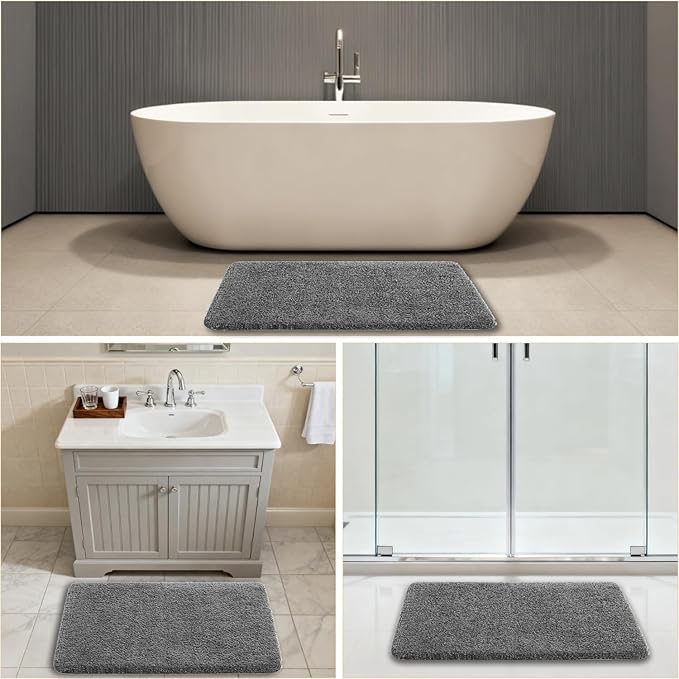 Gray Bathroom Rugs 24"x36" - Fluffy Microfiber Bath Mat, Non Slip and Absorbent Bathroom Floor Mat, Machine Washable Plush Rug - Ideal for Tub, Cabinet or Washroom