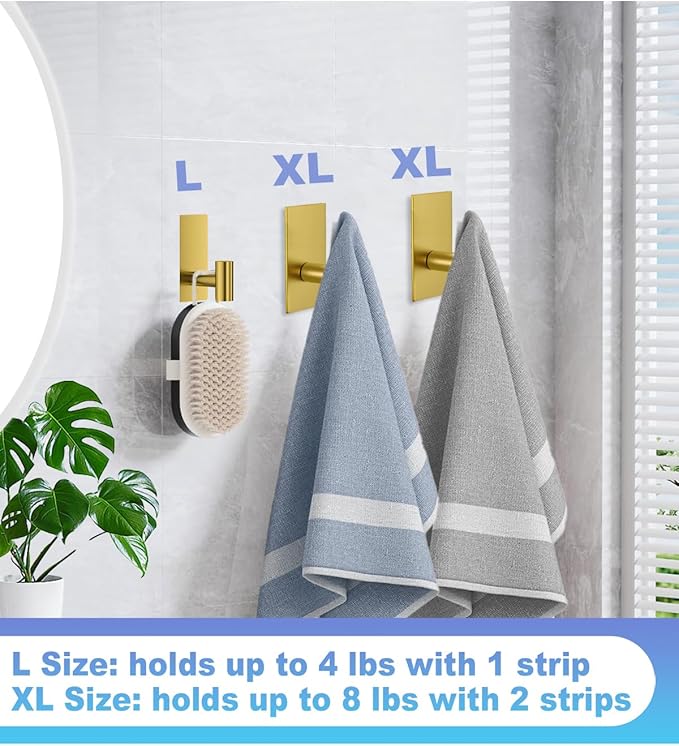 8 Pcs Towel Hooks Heavy Duty for Hanging，Adhesive Wall Hooks with Removable Strips，Sticky No Damage，Outdoor for Bathrooms，Shower，Stockings，Decor，Robe，Large，Gold 304 Stainless Steel