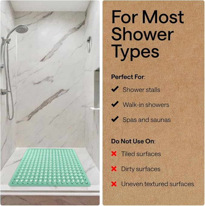 GORILLA GRIP Patented Square Shower Stall Mat, Small Bathtub Floor Mats for Stand Up Showers with Suction Cups and Drainage Holes, Machine Wash, Soft on Feet, Bathroom Accessories 21x21 Inch, Green