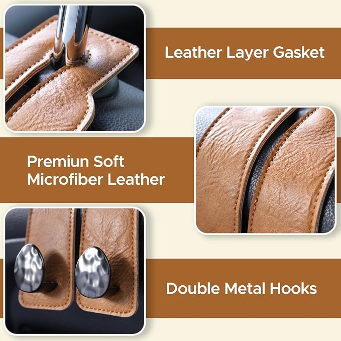 2PCS Leather Car Seat Hooks for Headrest, Vehicle Hanger Storage Organizer Universal for Handbag Purse, Car Accessories Gift (Brown-Black)