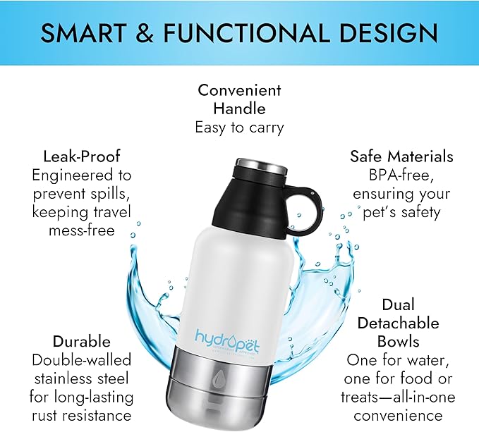 Hydropet Portable Dog Water Bottle (32 oz) - Insulated Dogs & Cats Travel Bottles, Stainless Steel - Detachable Dog Food Bowl and Water Bowl - Great for Daily Walks - Puppy Essentials & Accessories