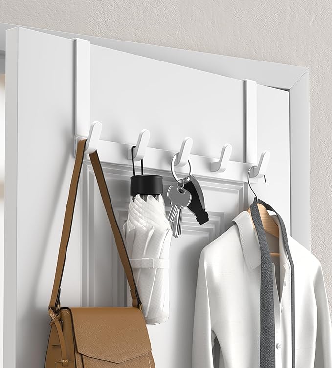 CHAUNCEY HOME Over The Door Hooks Hanger, Heavy Duty Rack for Winter Coat, Fits 1 3/4" Doors, L7U - Bathroom Accessories and Towel Organizer Holder - White