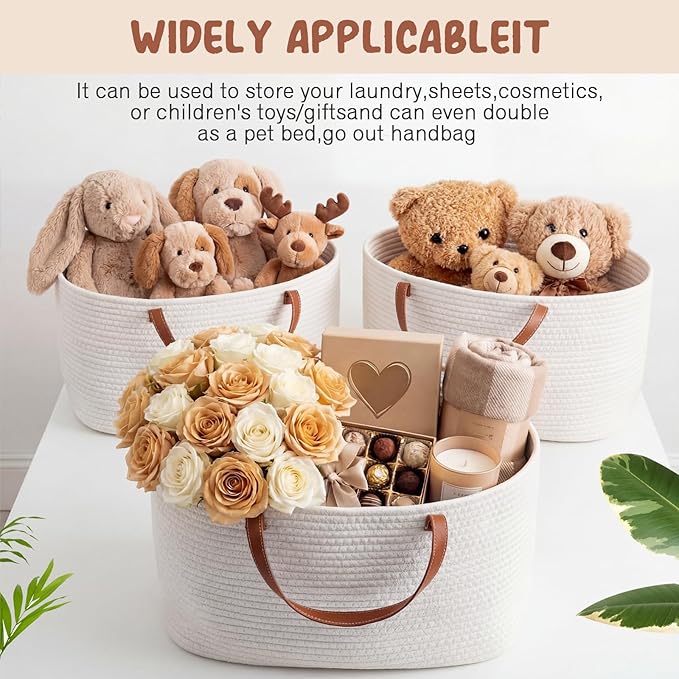 Colingmill Valentine's Day Empty Woven Gift Basket with PU Leather Handle and Bag 12" x 8" x 5"Cotton Rope Basket Organizer for Pet Toy Storage Baby Shower Birthday Party Wrapping Gift(16.5*10*9 Inch)