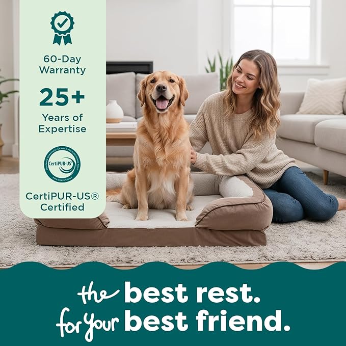 Furhaven Cooling Gel Dog Bed for Large Dogs w/ Removable Bolsters & Washable Cover, For Dogs Up to 95 lbs - Plush & Velvet Waves Perfect Comfort Sofa - Brownstone, Jumbo/XL