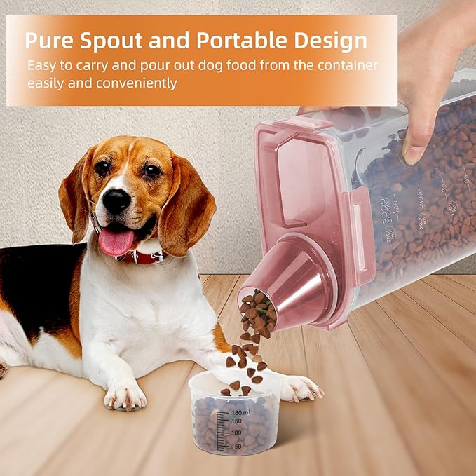 LEAWALK 3-5Lbs Small Cat Dog Food Storage Containers BPA Free, Airtight Pet Food Storage Containers with Large Pour Spout/1 Measuring Cup/ 4 Safety Locks and double-layer silicone strip (Clear PInk&1)