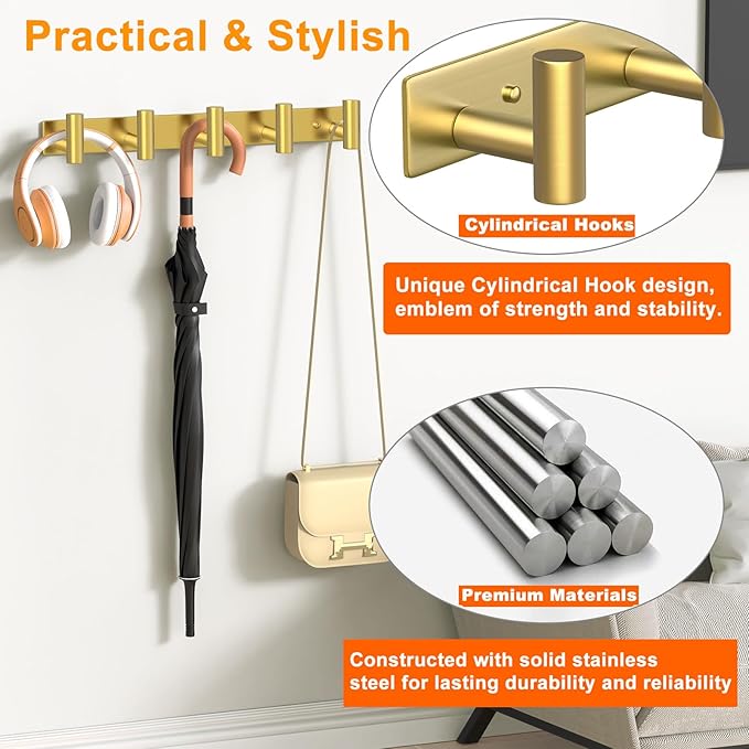 VINHOLD Wall Mounted Coat Rack-5 Hooks, Heavy Duty Stainless Steel Wall Hooks for Towel Coat Bag, Hat Rack Coat Hanger Coat Hooks Towel Racks for Bathroom Entryway Kitchen Hotel Office (Gold, 1 Pack)