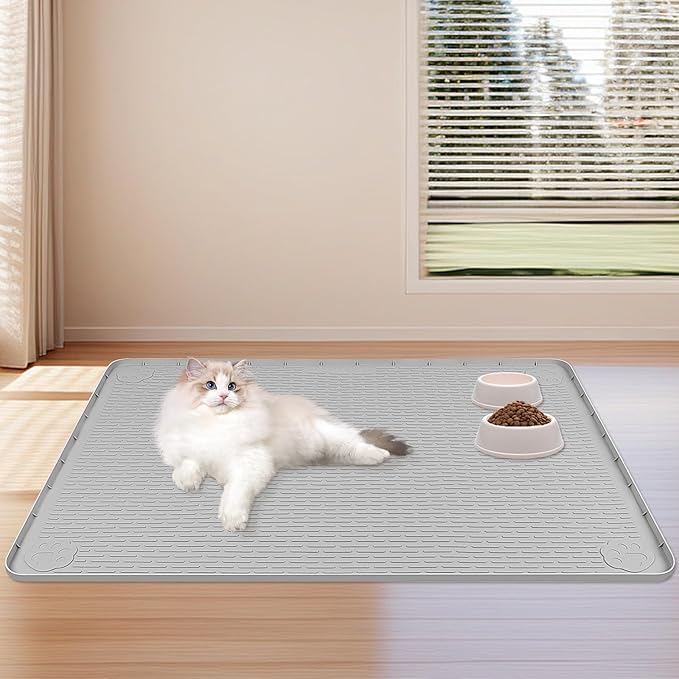 Bartuke Dog Food Mat, Extra Large 40" x 28" Silicone Pet Feeding Mat for Small, Medium, and Large Pets Non-Slip, Easy to Clean, Gray