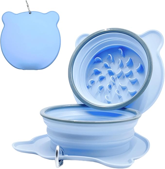 Collapsible Dog Bowls, 2-in-1 Silicone Pet Food and Water Bowl with Carabiner - Portable Double Compartment Travel Dish for Dogs, Ideal for Camping, Hiking, Car Rides, Puppy Essentials (Light Blue)