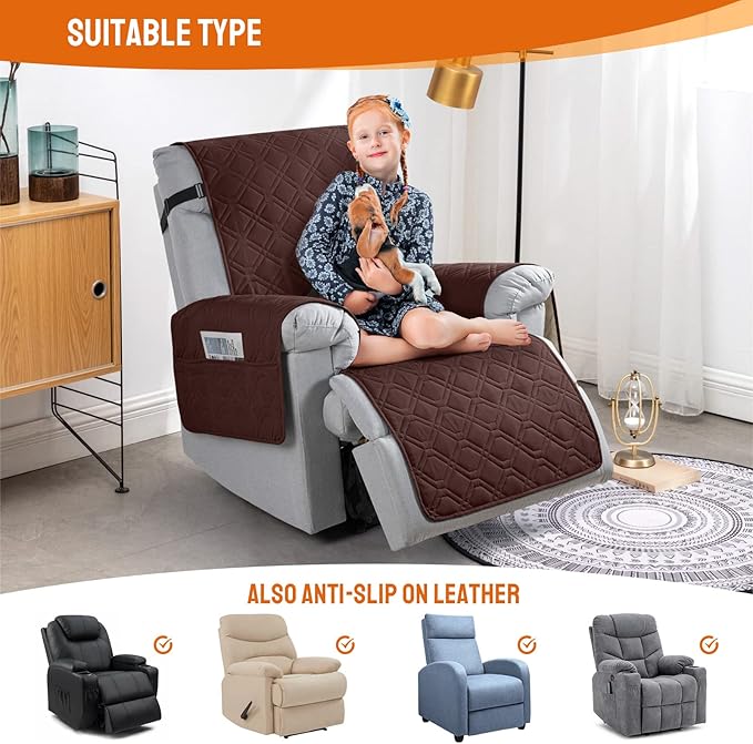VANSOFY 100% Waterproof Recliner Chair Covers, Recliner Cover Non-Slip Dog Chair Cover Furniture Protector Washable Slipcover with Pocket, Elastic Straps for Pets, Dogs(Coffee, 20")