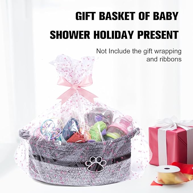 Small Woven Baskets for Organizing Rope Storage Basket with Handle Cute Cotton Basket for Nursery Gift Dog Toy Storage Bins for Toy Organizer-Black&Grey