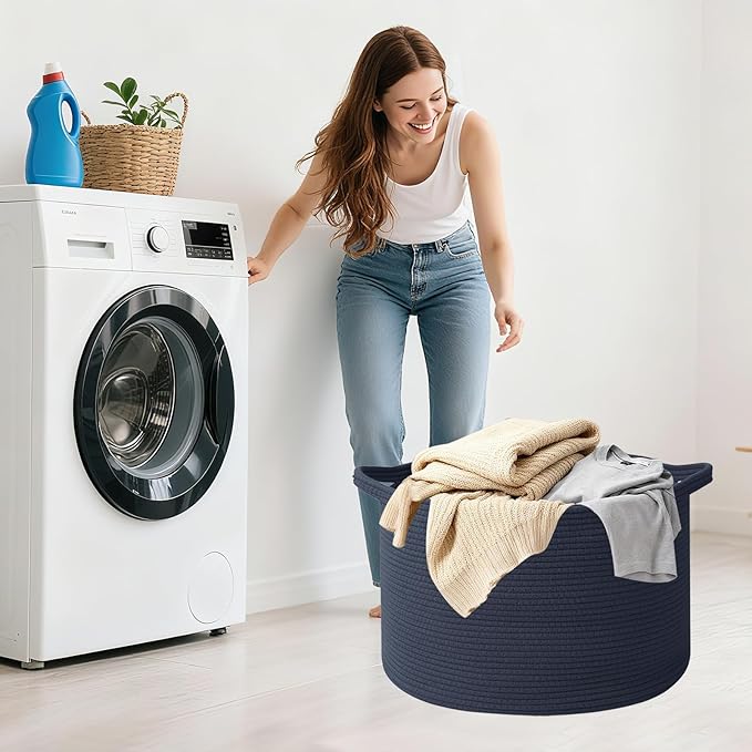 65L Extra Large Woven Cotton Rope Blanket Basket with Handles, Laundry Hamper Storage Bin for Pillows, Comforters,Clothes, Toys, Nursery, Bedroom and Living Room Organization,Dark Blue