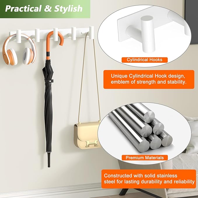 VINHOLD Wall Mounted Coat Rack-5 Hooks, Heavy Duty Stainless Steel Wall Hooks for Towel Coat Bag, Hat Rack Coat Hanger Coat Hooks Towel Racks for Bathroom Entryway Kitchen Hotel Office (White, 1 Pack)
