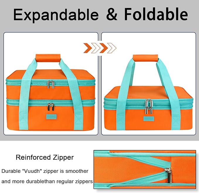 Vuudh Expandable Casserole Carrier Bag - Double Decker Food Bag, Insulated Casserole Carrier for Hot or Cold Food, Lasagna Holder Tote for Picnics,Beaches,Traveling or Gifts