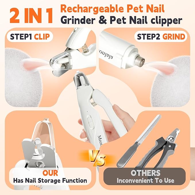 2-in-1 Dog Nail Clippers & Dog Nail Grinder with 2 LED Lights, Ultra-Quiet, USB Rechargeable, Multiple Grinding Methods, and Splash Guard for Small, Medium, and Large Dogs & Cats (White)