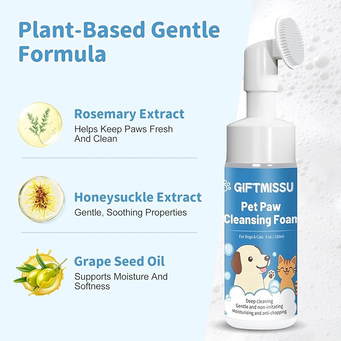 Dog Paw Cleaner Foam for Dogs & Cats, Plant-Based Paw Wash for Dirt and Outdoor Mess, Gentle Pet Paw Cleaner with Soft Brush Head for Easy Dog Foot Cleaning, 5 fl oz