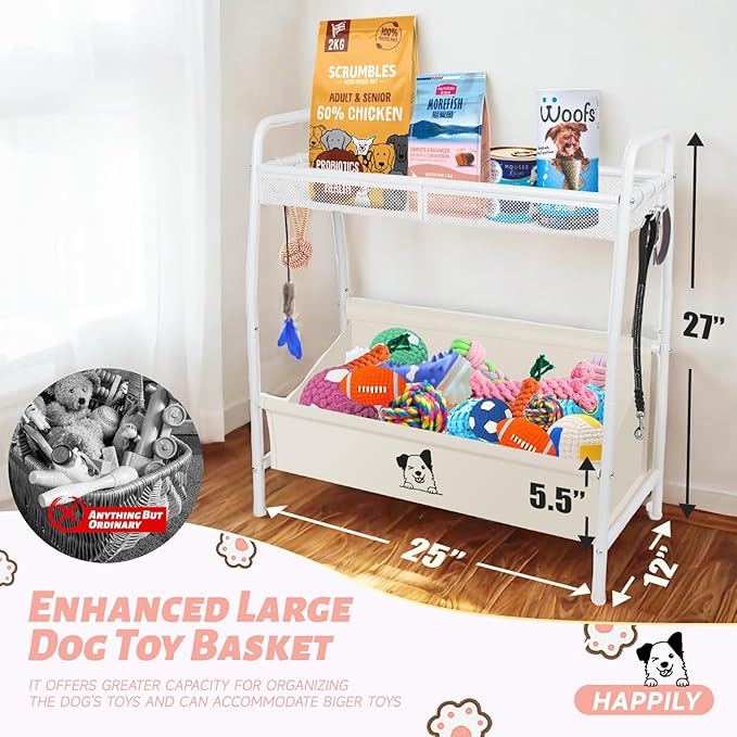 Large Dog Basket, Metal Oxford Puppy Bin with Storage Organizer, Trapezoid Doggy Bin for Living Room for Dog Lovers, White
