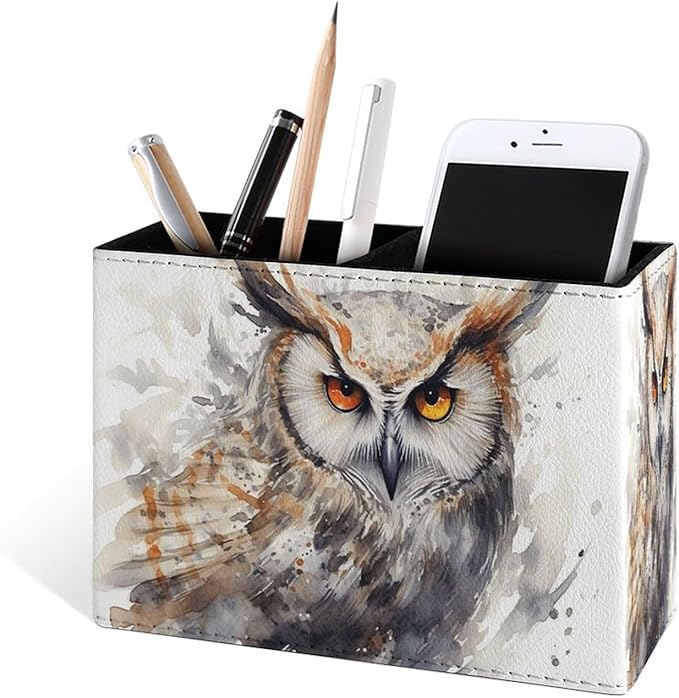 Famame Splash Owl Orange Eyes Pencil Holder for Desk, Leather Desktop Container Pen Cup Storage Study Table Pen Organizer Makeup Brush Holder for Classroom Office Home
