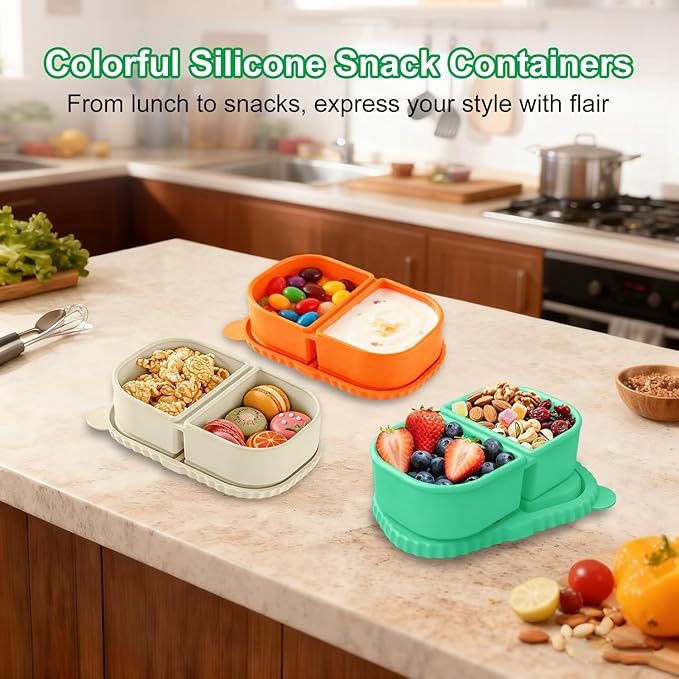 RAYBIN 3 Pack Silicone Reusable Snack Containers with Lids, 2 Compartments Leak-Proof Snackle Box Containers,Silicone Food Storage Containers for Office,School,Picnic - BPA Free (White,Green,Orange)