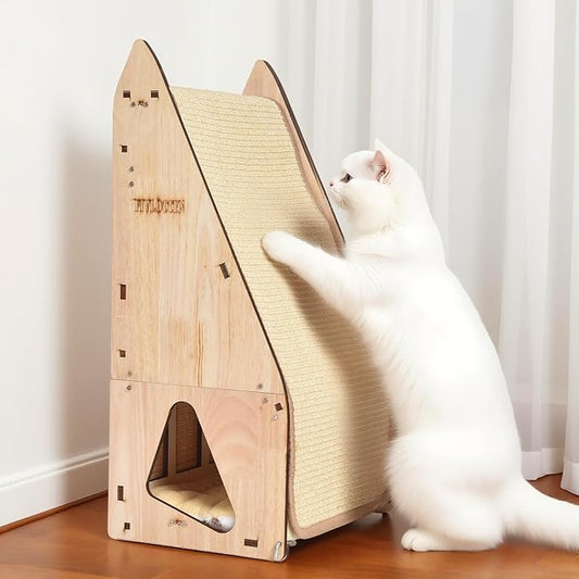 large Cat Scratching Post with Bed: Modern Sisal Cat Scratcher & Wood Frame, Integrated Cat Scratch Pad Post Condo Tunnel. All-in-One Space Saver for Multi-Cat & Budget-Friendly Homes (24in)
