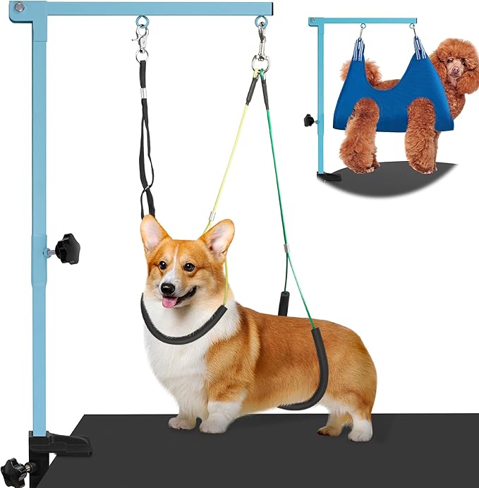Dog Grooming Arm with Pet Grooming Hammock, 35" Pet Grooming Table Arm with Adjustable No Sit Haunch Holders, Dog Grooming Stand with Loop Noose for Small and Medium Pets, Blue