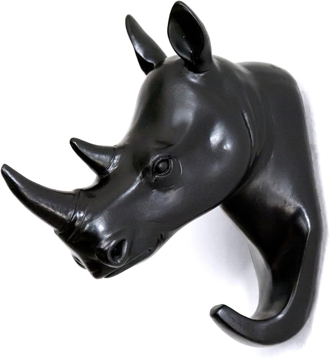 Rhino Head Single Wall Hook/Hanger Animal Shaped Coat Hat Hook Heavy Duty, Rustic Decorative Gift, Black
