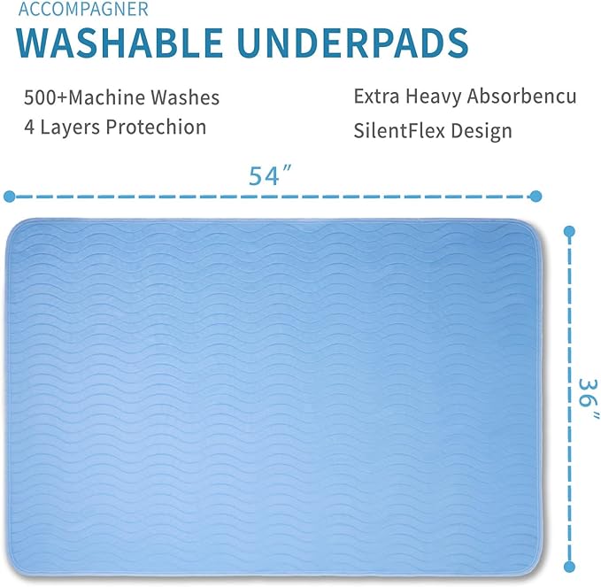 Accompagner Waterproof Reusable for Adults and Pets Washable Pee Pads for Dogs Changing Pad Large Dog Bed Size Adults Incontinence Bed Pads - Non-Slip Leak-Proof (Blue, 36"x54"(Pack of 4))